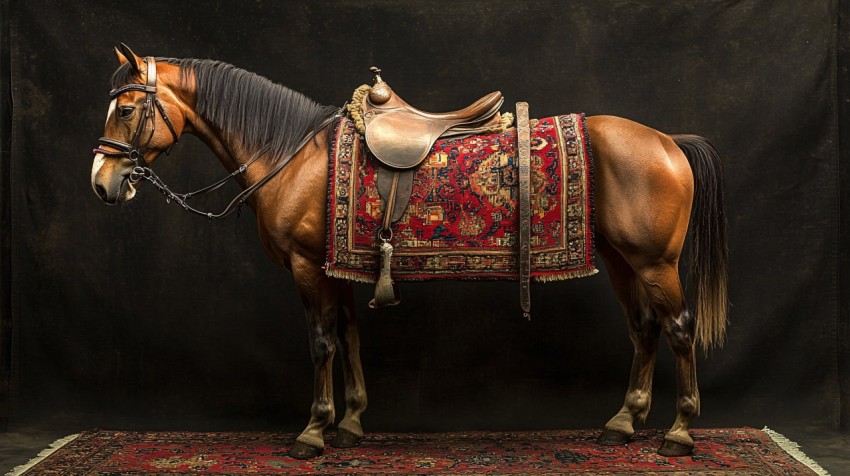 Brown Horse with Ornate Armenian Carpet Saddle