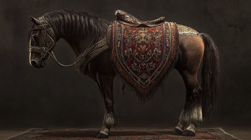 Medieval Brown Horse Adorned with Armenian Carpet Saddle