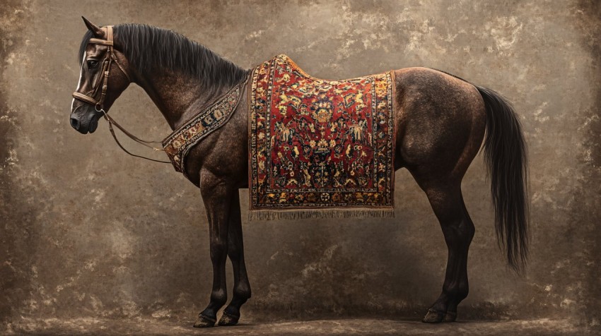 Medieval Brown Horse with Traditional Armenian Carpet Saddle