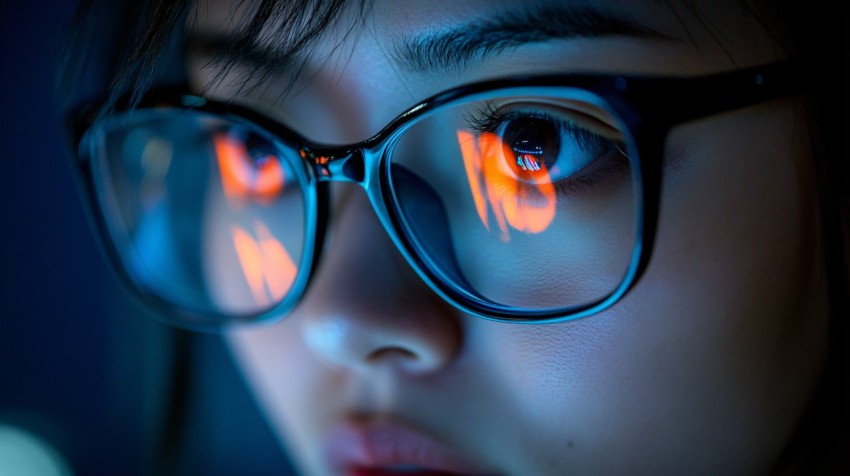 Asian Woman Working at Night with Screen Reflection