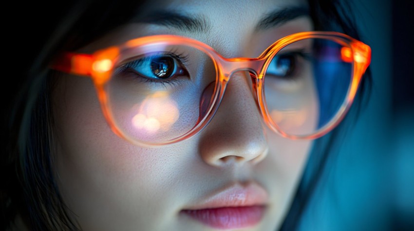 Asian Woman Working at Night with Screen Reflection