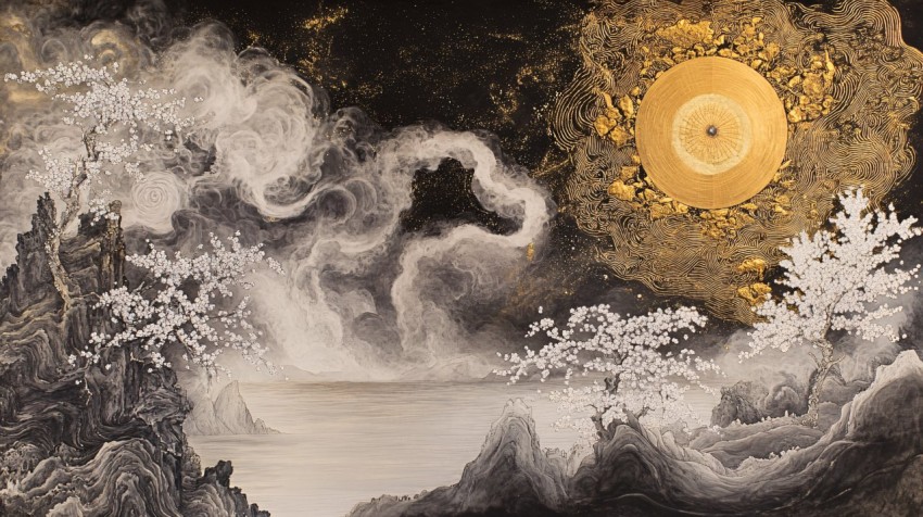 Modern Sumi-e Painting with Gold Leaf and Sunset Harmony