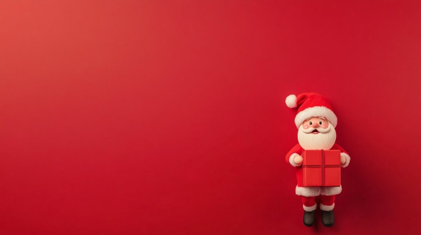 Minimalist Santa with Gift and Copy Space on Red