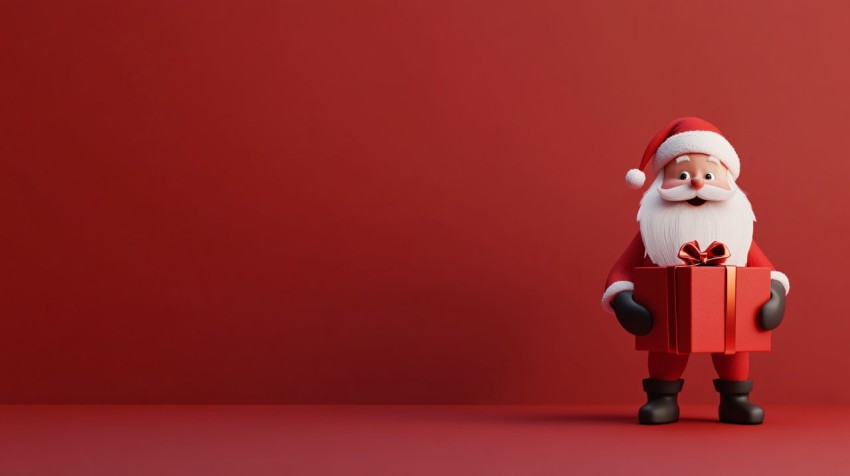 Minimalist Santa Holding Gift with Copy Space on Red