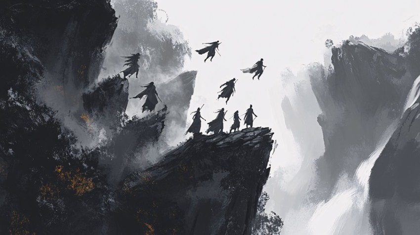 Chaotic Cliffside with Eighteen Characters in Misty Landscape