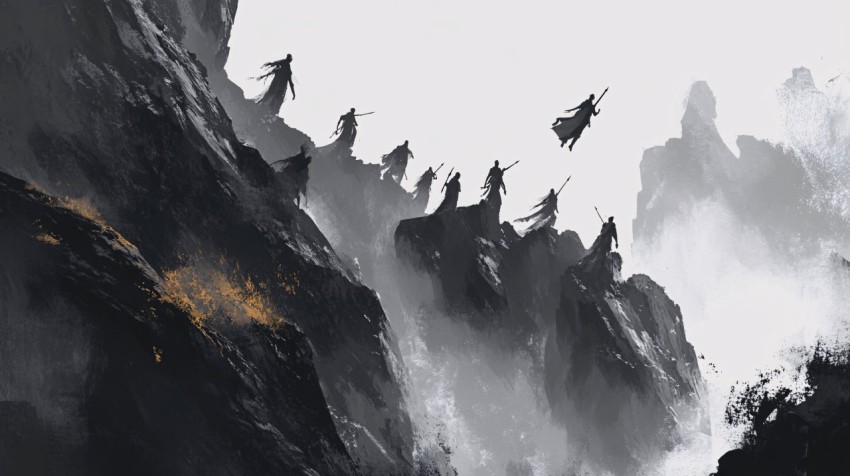 Chaotic Cliffside Scene with Eighteen Figures in Windy Mist