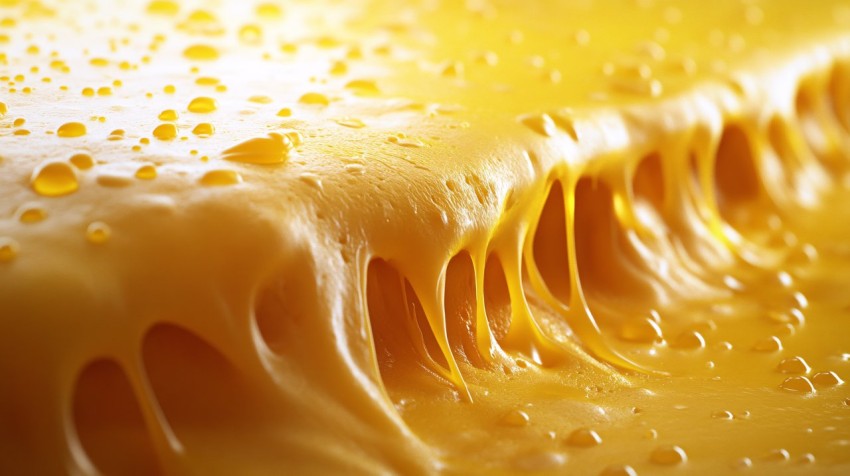 Melted Cheese Stretching and Dripping on Yellow Background