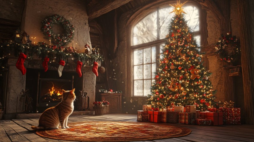 Realistic Cat by Christmas Tree in Cozy Setting