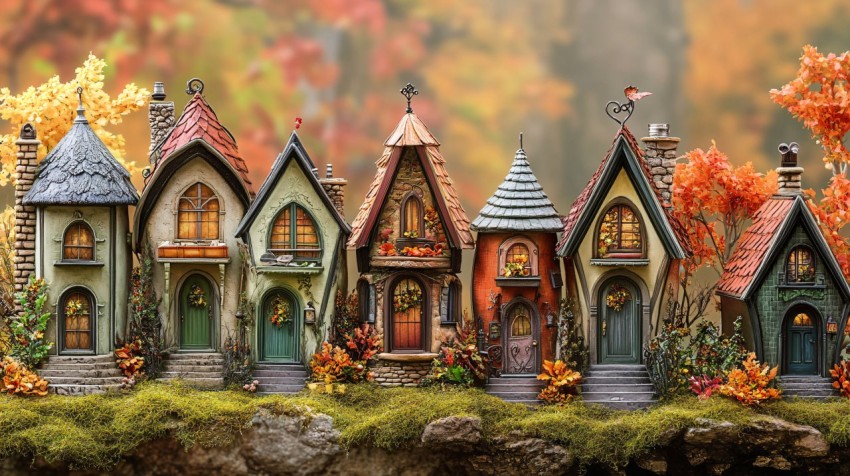 Whimsical Victorian Fairy Houses in Autumn Setting