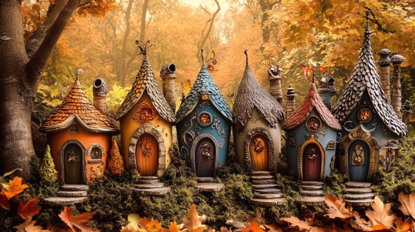 Whimsical Victorian Fairy Houses in Autumn Setting