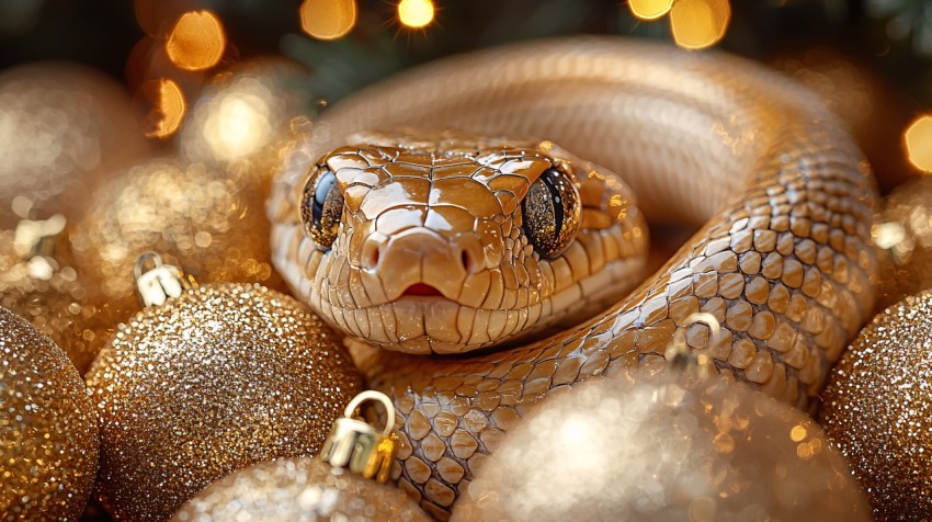 Golden Snake Wrapped Around Festive Gold Decorations