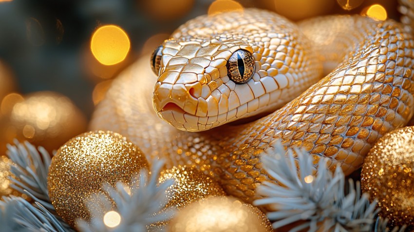 Golden Snake Coiled Around Festive Gold Decorations