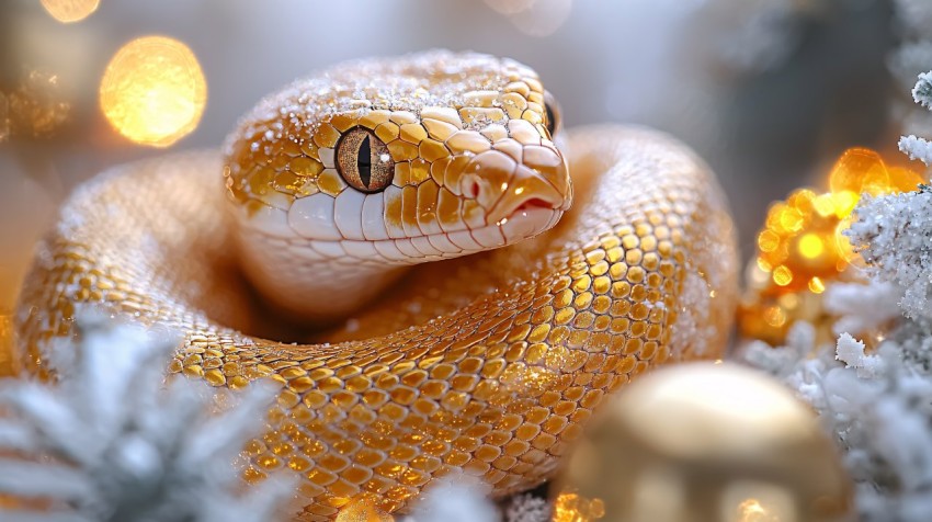 Golden Snake Wrapped Around Festive Holiday Decorations