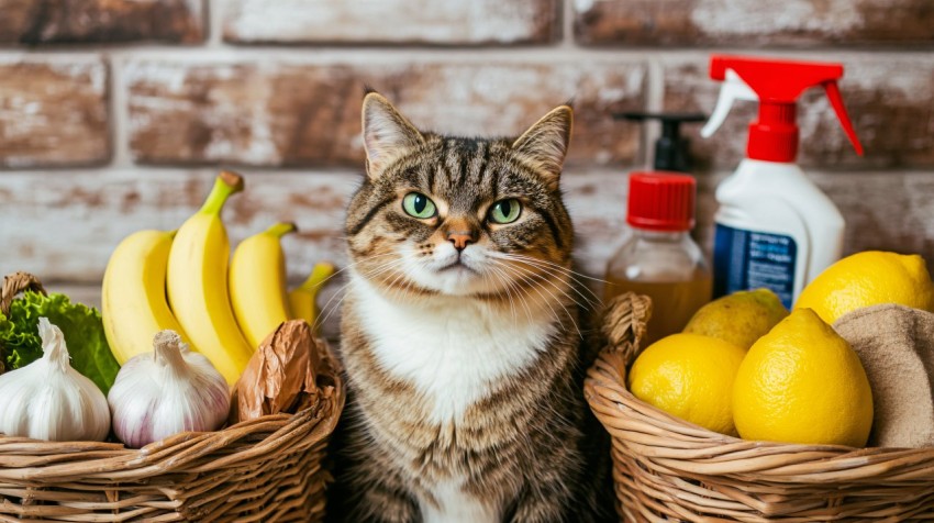 Cat Disgusted by Smells in Front of Baskets