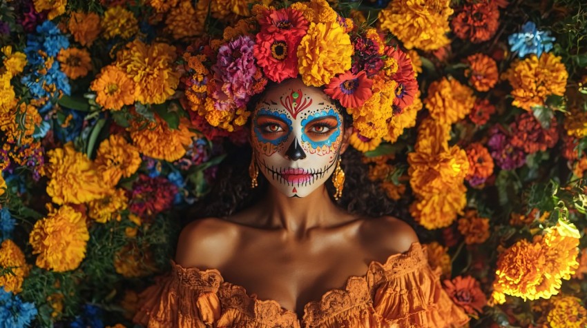 La Catrina Portrait with Colorful Dress and Flower Headpiece