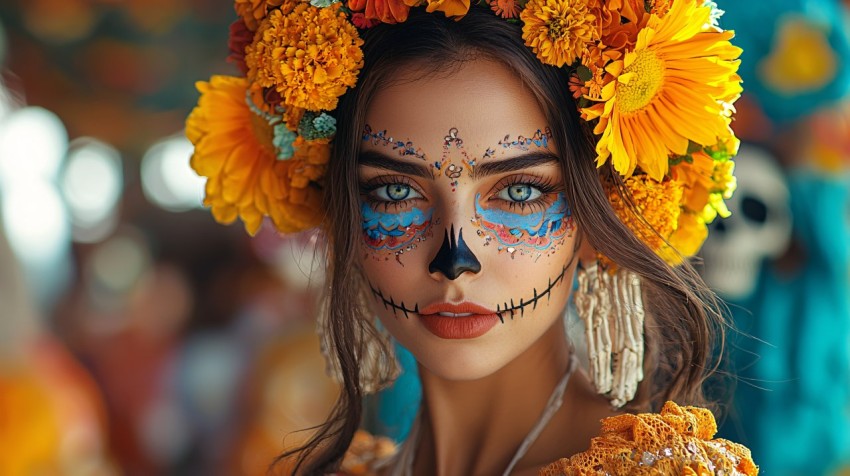 La Catrina in Colorful Dress with Flower Headpiece