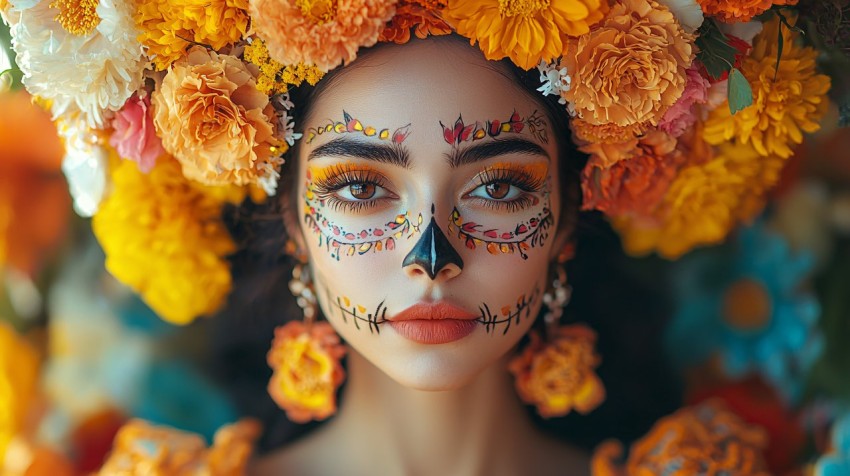 La Catrina Portrait with Colorful Flower Headpiece and Dress