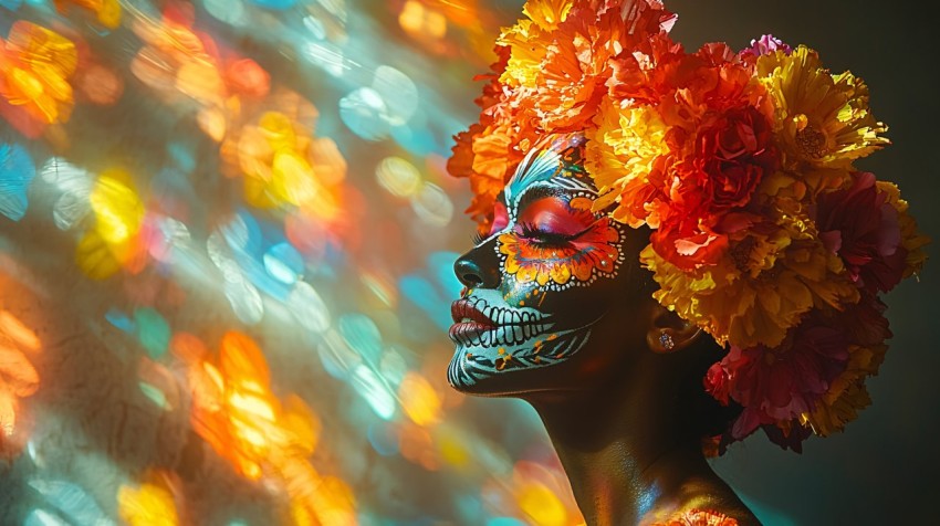 La Catrina Portrait with Colorful Dress and Flower Headpiece