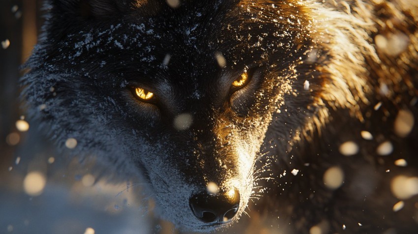 Majestic Wolf Close-Up in Snowy Forest with Golden Eyes