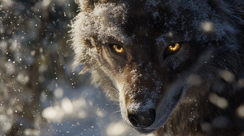 Close-Up Wolf with Golden Eyes in Snow