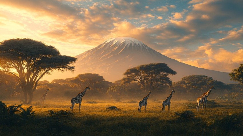 African Safari Scene with Giraffes and Mountain Landscape