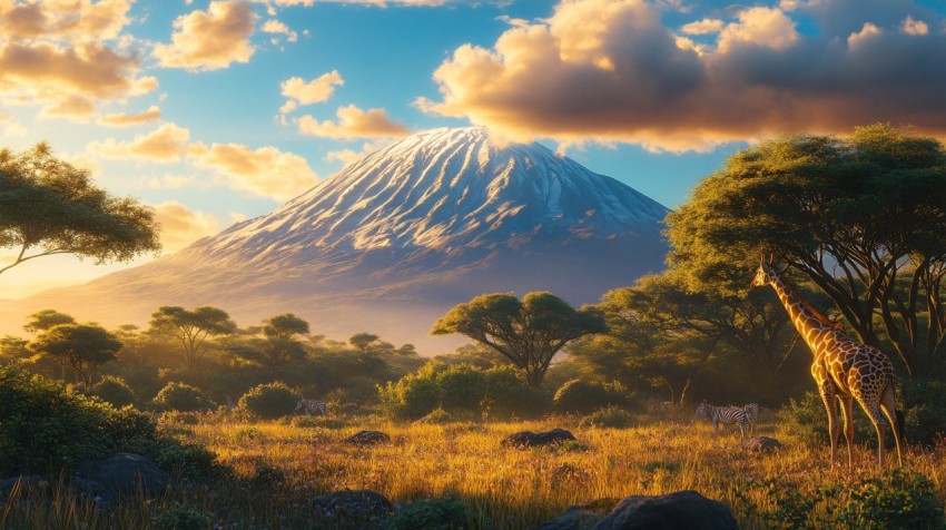 African Safari Wide Shot with Giraffes and Mountain View