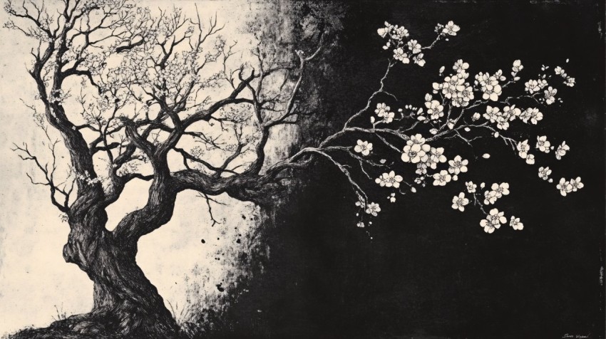 Victorian Illustration of Tree Branches and Cherry Blossoms