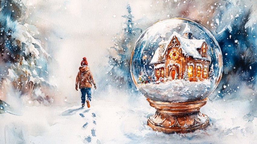 Snowglobe with Gingerbread House in Watercolor Painting