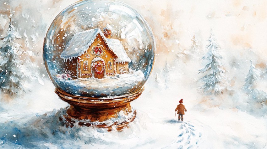 Ornate Snowglobe with Gingerbread House Watercolor Painting