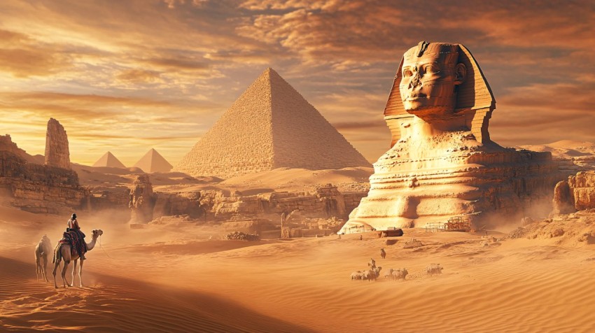 Majestic Egyptian Sphinx with Pyramids and Desert Landscape