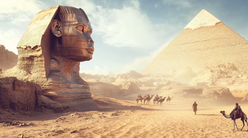 Majestic Egyptian Sphinx with Pyramids and Desert Landscape