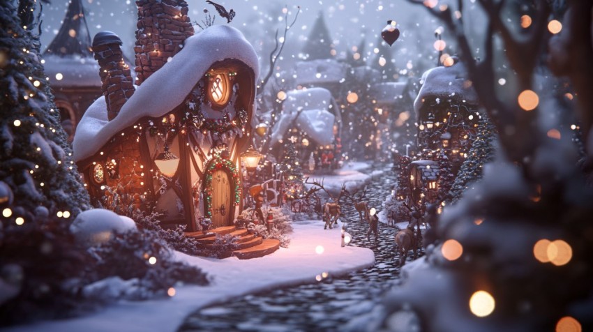 Fantasy Christmas Village in Winter with Reindeers