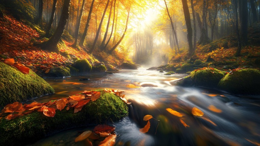 Autumn Forest Stream with Sunlight and Misty Bridge