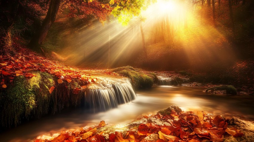 Autumn Forest Stream with Sunlight and Natural Bridge