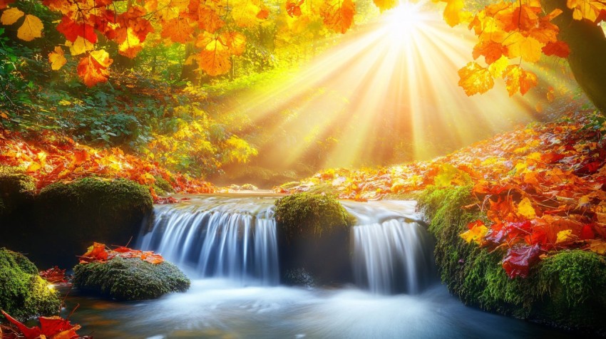 Autumn Forest Stream with Sunlit Natural Bridge