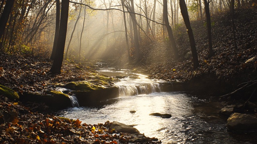 Forest Stream in Autumn with Natural Bridge