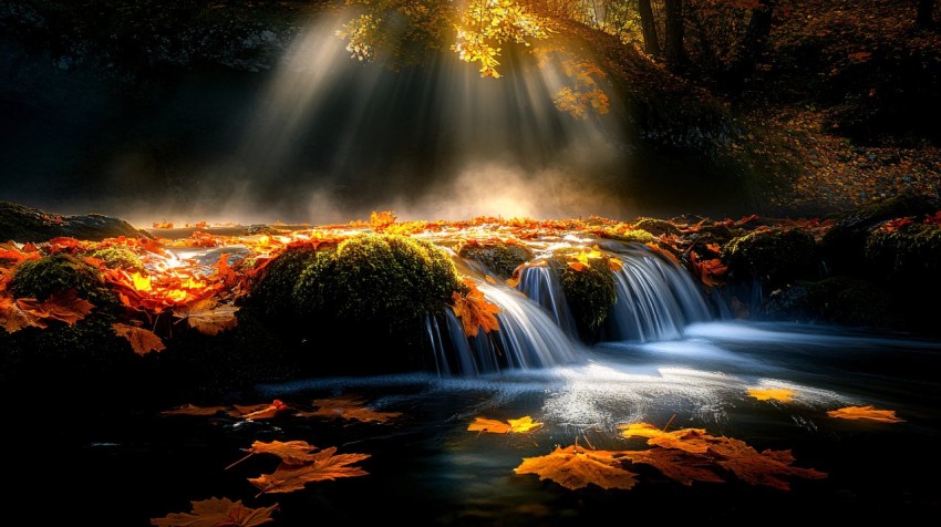 Autumn Forest Stream with Natural Leaf Bridge