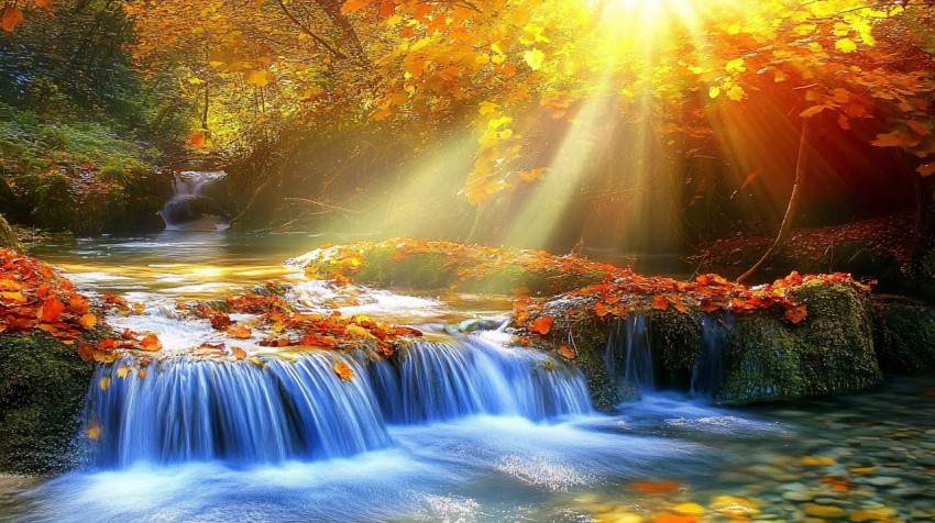 Small Stream in Autumn Forest with Mist