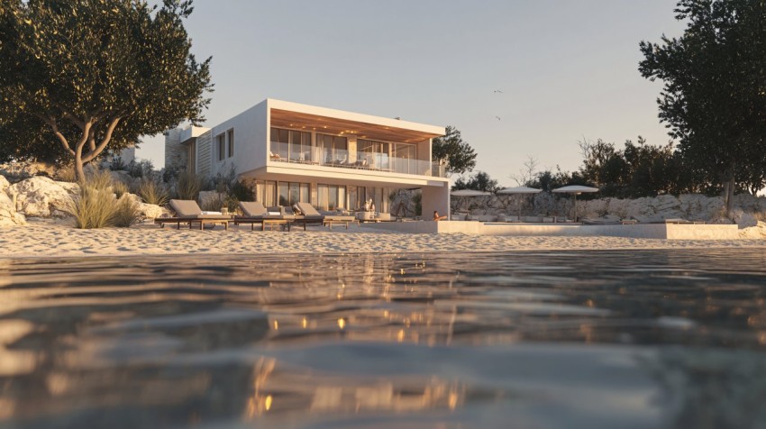 Beachside Clubhouse with Pool at Dusk, Wide-Angle View