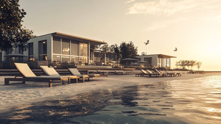 Beach Clubhouse with Pool at Dusk, Wide-Angle Shot