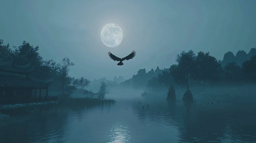 Chinese Loong Flying at Night in Misty Moonlight