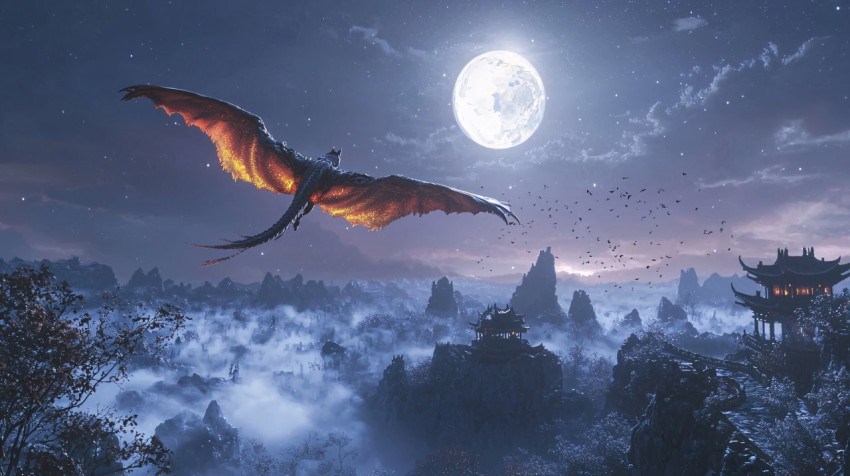 Chinese Dragon Flying at Night Under Moonlight and Aurora