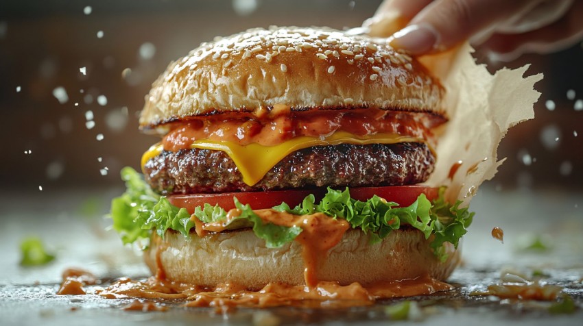 Plant-Based Burger Punched Through Torn Paper Close-Up