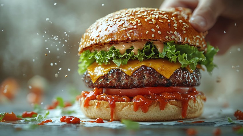 Plant-Based Burger Hand Punching Through Torn Paper Close-Up