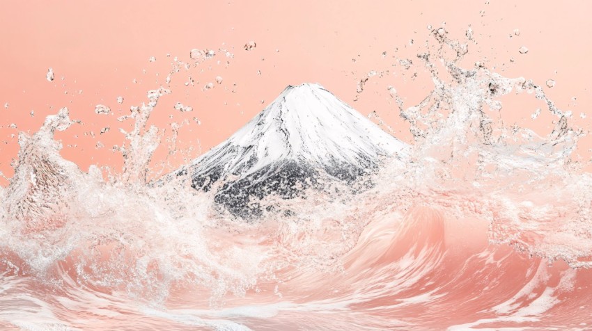 Peach Water Splash Shaped Like Mount Fuji in Surreal Style