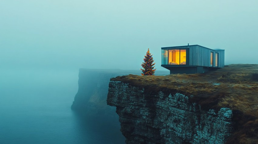 Irish Cliffside House with Glass Windows and Christmas Tree