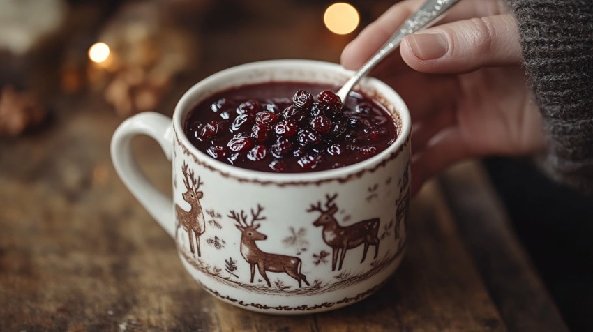 Hand Holding Spoon of Raisins Above Glögg Mug