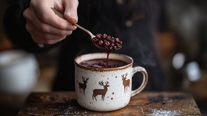 Hand Holding Spoon of Raisins Above Christmas Glögg Mug