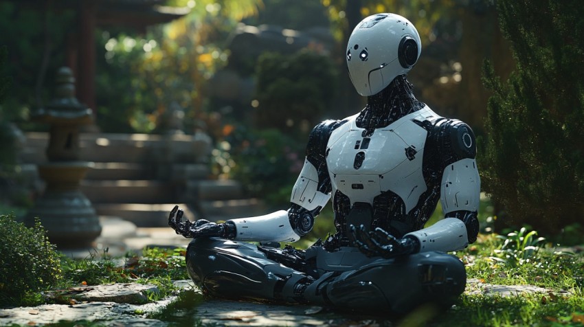 Robot Meditating in Temple Garden at Night