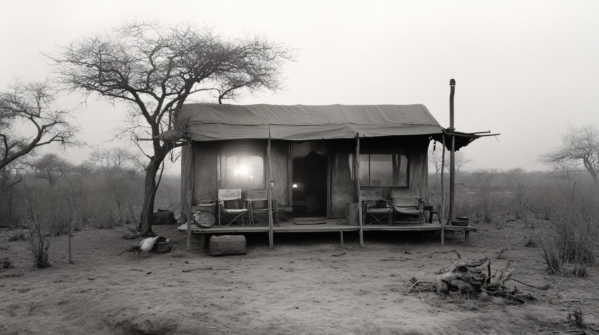 1950s African Safari Camp with Vintage Tents and Vehicles